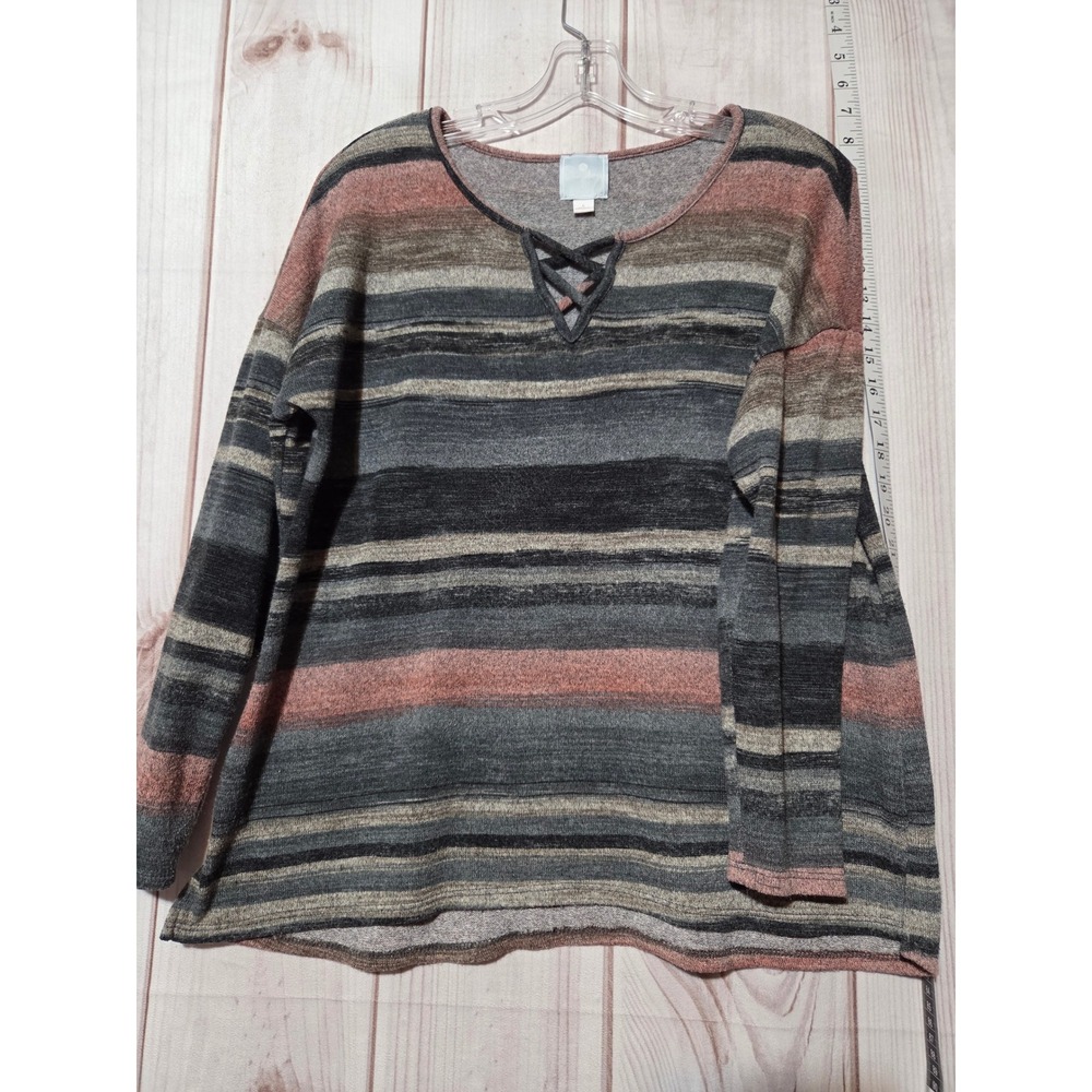 Sunday Striped Lattice Neck Long Sleeve Casual Top Women's Size L‎
